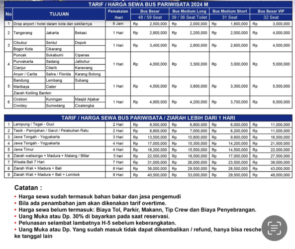 Price List Bus 2024